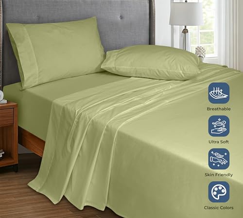 Image of Royale Linens 100% Organic Cotton Full Flat Sheet Only - Super Soft - Percale Top Sheets - Full Flat Sheet Sold Separately - Breathable, Cool & Crisp Sage Green Sheets Only (81 inch x 96 inch, Sage Green)