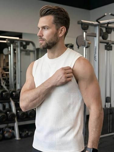 Image of GRECIILOOKS Sleeveless T Shirts for Men | Round Neck Textured Tshirt for Men in Premium Jacquard Knit | Gym Tank Top Mens Style with Stretch Comfort | Casual Streetwear Layering Tee