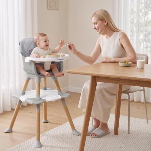 Image of MOMFANN 6-in-1 Convertible High Chair for Babies and Toddlers, Natural Wood Toddler High Chair with Adjustable Tray & & 5-Point Harness, Dishwasher-Safe