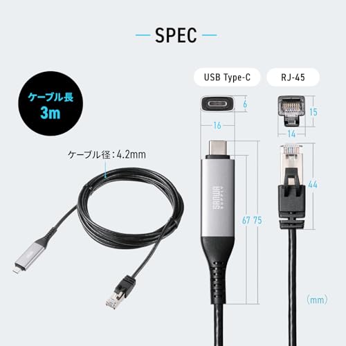 サンワサプライ(Sanwa Supply) USB Type-C LAN変換ケーブル KB-SL6CLAN03BK の商品画像 15