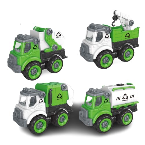 UKR 4 Cars Playset Garbage Truck Recycling Traffic Signs Pull Back Sanitation Accessories Green Cars Big Birthday Set Gift