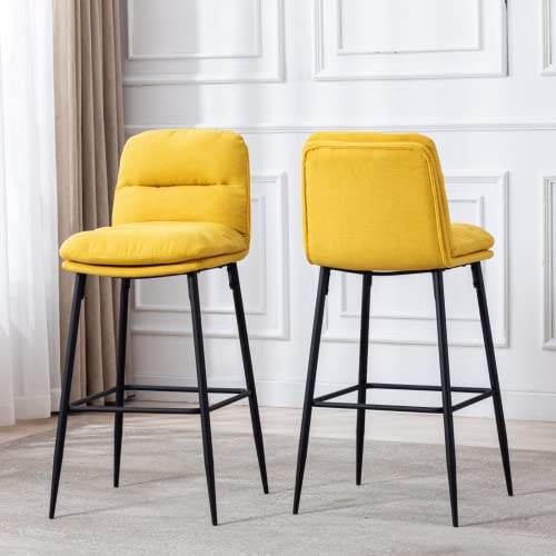 Heah-Yo Modern Bar Stools Set Of 2, 30 Inch Counter Height Bar Chairs With Back And Black Metal Legs, Linen Fabric Armless Kitchen Stools For Island, Yellow #TOP30