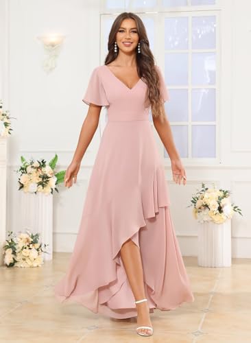 MAGGCIF Women's V Neck Bridesmaid Dresses Long with Sleeves Ruched Chiffon Formal Evening Gowns3