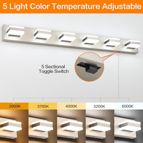 Image of SOLFART Bathroom Vanity Lights, Brushed Nickel Light Fixtures for Bathroom Above Mirror, 6 Light Led Vanity Lighting,5 Color Temperature Adjustable,Bath Lighting Fixture Nickel ETL Listed