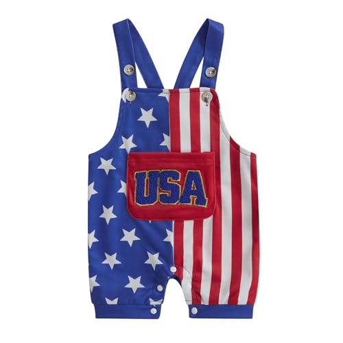 Dcohmch Baby Boy 4th of July Outfit Letter Embroidery Overalls Stripe Star Print Romper Summer Sleeveless Jumpsuits (Blue, 0-3 Months)