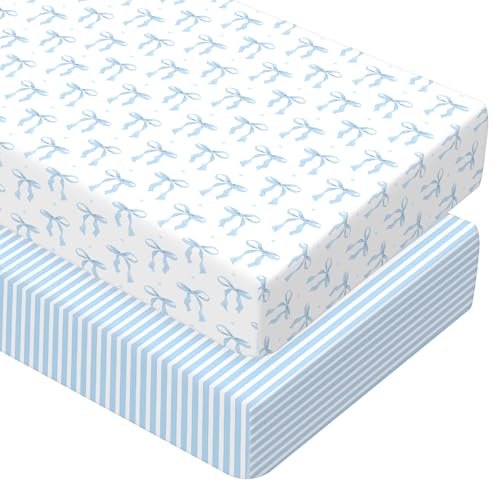 Image of Peryiter 2 Pack Crib Sheets for Girls Boys Coquette Bed Sheet Set Fitted 52'' x 28" for Standard Crib Mattress Stretchable Soft Toddler Aesthetic Nursery Decor(Bow,Blue)