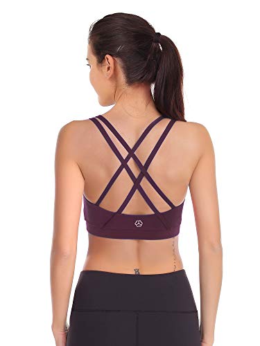 Zeronic Women's Padded Sports Bra Cross Back Removable Cups Workout Clothes Yoga Sports Bras (Mauve Wine Red, Small)