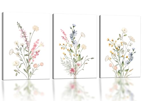 Floral Wall Art Set of 3, Framed Watercolor Retro Flowers