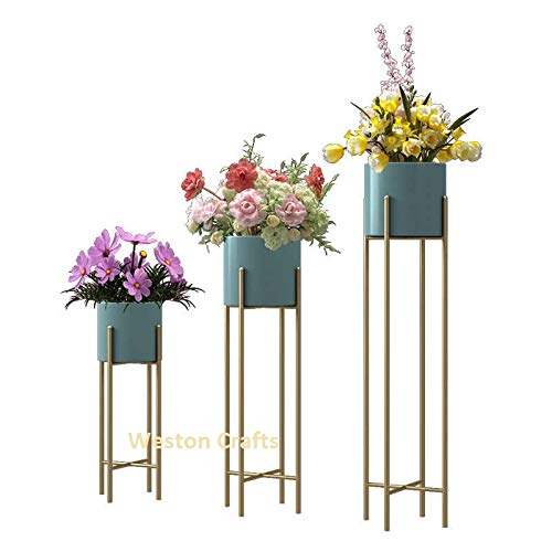 Weston Crafts Plant Stand Set - 3-Piece Modern G I Planter with Tall Metal Stand - Decorative Standing Flower Succulent Pot Holder, Indoor Outdoor