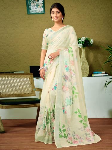 Image of SIRIL Women's Linen Digital Printed Saree With Unstitched Blouse Piece