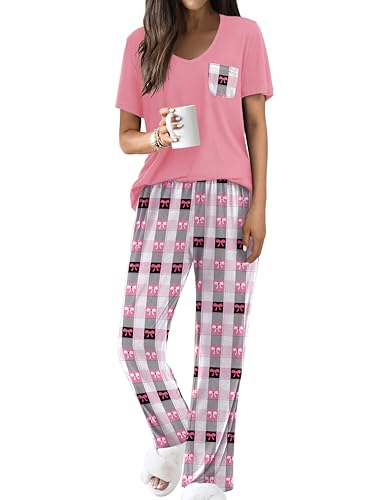Image of Ekouaer Pajama Sets for Women 2 Piece Short Sleeve Pj V Neck Chest Pocket | Ladies Pajama Sets with Printed Long Pants, Soft Matching Pj Sleepwear, Casual Loose Fall Loungewear, S-XXL