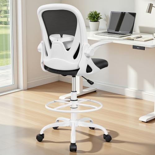Image of Primy Ergonomic Drafting Chair with Flip-up Armrests Tall Office Chair for Standing Desk Comfortable Desk Chair with Adjustable Footrest Ring and Lumbar Support in Gray Perfect for Home (White)
