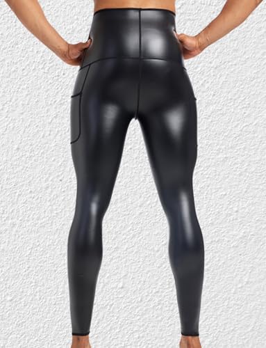 Ausing Herren Slim Fit Hose Leder Lederhose Hohe Taille Leggings mit Taschen Kunstlederhosen Casual Stretch Kostüm Rave Party Schwarz S