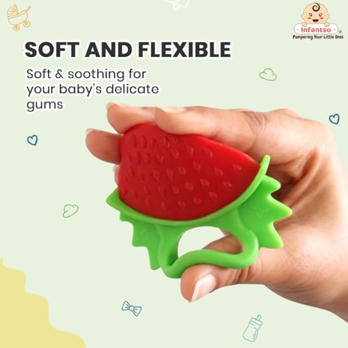 Image of Infantso Non-Toxic Food-Grade Soft Silicone Baby Teether, BPA-Free for Pain-Relief Easy Teething, Teether for 2+ Months Babies (Strawberry)