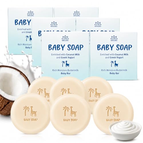 Organic Baby Soap Bars with Greek Yogurt and Coconut Milk - Naturally Cold Processed from Fresh Ingredients - Gift for Newborns, Baby, Kids and Adults with Sensitive Skin Handmade in USA (Set of 6)