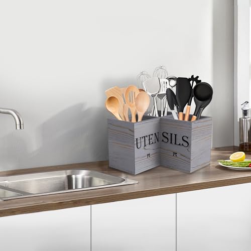 Image of Suli Extra Large Kitchen Utensils Holder with 3 Compartments,Corner Shelf,Wooden Utensil Organizer for Kitchen Countertop, Farmhouse Decor, Rustic Cooking Utensil - Grey grain