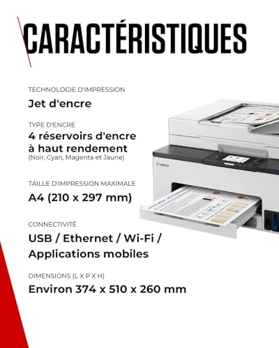 Canon MAXIFY GX2050 Imprimante A4 Couleur pour la Maison et Le Bureau, Imprimante, Copieur, Scanner et Télécopieur Jet d'encre MegaTank Tout-en-Un, sans Fil, Connectivité Wi-FI, Ethernet et USB