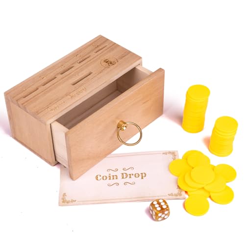 WodGod Wooden Coin Drop Game Drawer Design Penny Game with Dice and Plastic Coins Classic Board Games