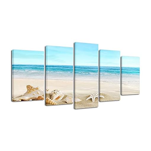 Pyradecor Seashell 5 panels Seascape Canvas Prints Landscape Pictures Paintings Modern Stretched Canvas Wall Art Sea Beach Pictures Artwork for Home Decor