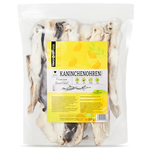 FAVLY Petfood Kaninchenohren mit Fell für Hunde & Katzen 360g - luftgetrockneter Kauartikel - kann die Darmflora unterstützen - Hasenohren mit Fell für Welpen & große Hunde (3er Pack)