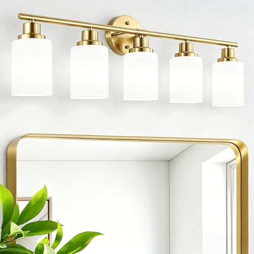 Image of 5-Light Vanity Lights, Brushed Gold Bathroom Light Fixture with Striped Textured Milky White Glass Shade, E26 Modern Vanity Lighting Fixture for Bathroom Wall Sconce Light Over Mirror
