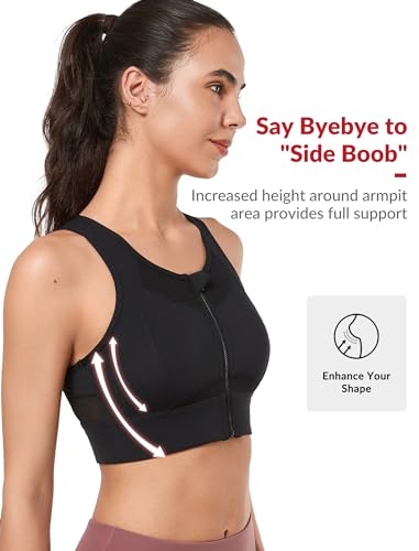 Image of Yvette Women's Sports Bra Front Zipper High Impact Support Mesh Racerback | Plus Size Friendly,Sewn-in Pads Stay Put,Wirefree & Supportive,Breathable,Secure Zip Closure,For Large Bust,Running,Gym,HIIT