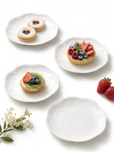 SHIDACHENG White Small Dessert Plates Set of 4 Ceramic Dinner Plates 6 Inch for Appetizer Fruits Cake Salad Microwave Safe Christmas Gift