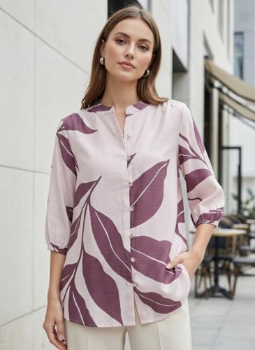 Image of NAINVISH Printed Top Short Sleeve Button Down V Neck Lightweight Soft Fabric Casual Office Summer Stylish Patterned Womens Comfort Fit Regular Top