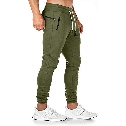 Annystore Fashion Mens Athletic Joggers Sweatpants Casual Workout Gym Pants Tapered Trousers with Zipper Pocket Green