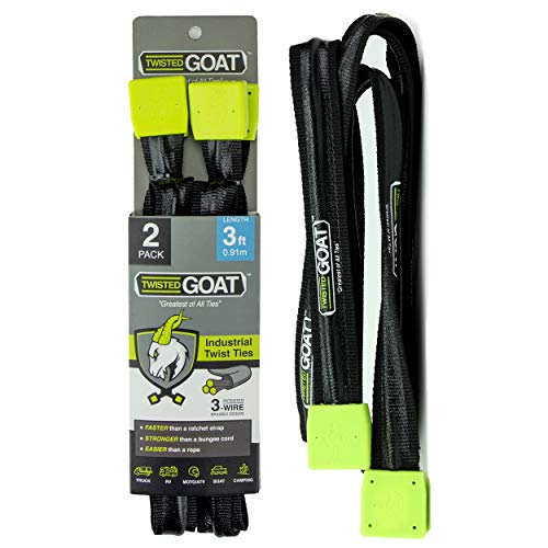 Twisted Goat Industrial Twist Ties - Heavy Duty Reusable, Flexible Ties for Securing Cargo, Transporting Goods on Roof Rack, Hanging Hammocks, Organizing Camping Gear, and More! (3 ft 2 Pack)