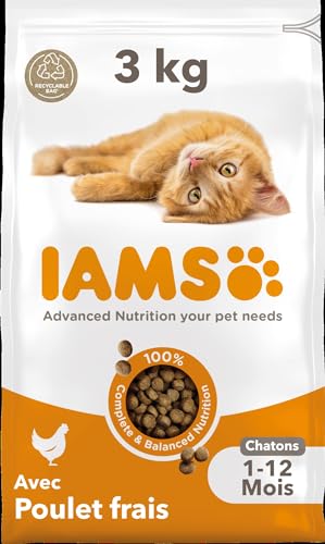 IAMS Advanced Nutrition - Croquettes Premium Chatons - Savoureuses complètes Equilibrées - Favorise la Croissance - Au poulet frais – Sans OGM colorants arômes artificiels - Sac refermable de 3 kg