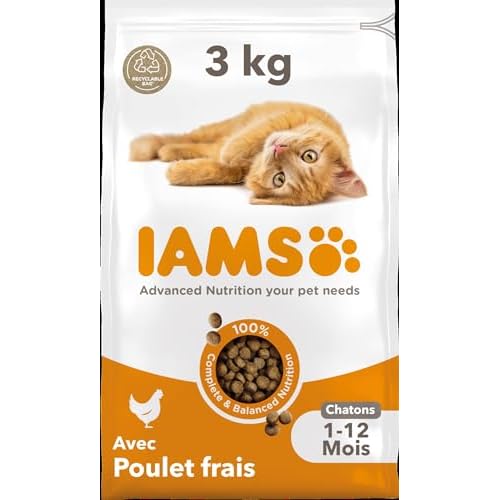 IAMS Advanced Nutrition – Croquettes Premium Chatons – Savoureuses complètes Equilibrées – Favorise la Croissance – Au poulet frais – Sans OGM colorants arômes artificiels – Sac refermable de 3 kg