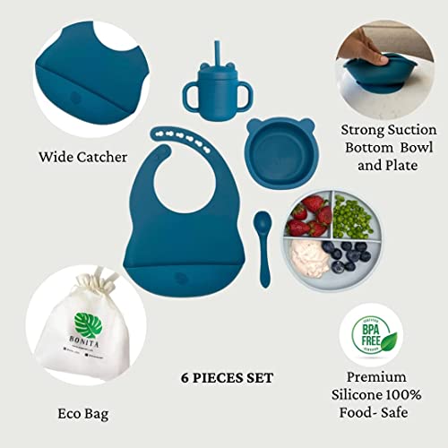 Complete Silicone Feeding Set Suction Baby Bowl&Plate|Bib|Cute Bear Cup Spoon Organic 100%Bpa-Free Baby Led Weaning Utensils|6Pieces Dishwasher,Microwave Safe|Platos Para Bebes (Oceanblue/Gray) #TOP3