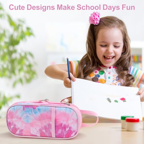 Image of Cute Kids Pencil Case - Girls Pen Pouch Large School Organizer | Pen Bag & Smooth Zipper, Multi-Slot Storage, Mesh Pocket, 900D Water Resistent, Giftable School Supplies, Pink Blue Tie Die