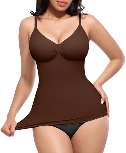 SHAPELLX V Neck Tank Top Tummy Control Seamless Cami Shaper Brown S