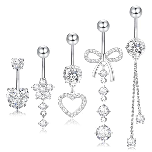 5Pcs 14G Belly Button Ring Dangle, Dangling Belly Rings for Women, Surgical Stainless Steel CZ Cute Navel Body Piercing Jewelry with Heart Flower Bow, Silver