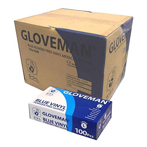 GLOVEMAN 1 Case (1,000 Gloves) Blue Vinyl Powder Free Gloves Sizes