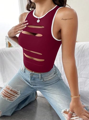 Image of LovelyWholesale Women Sexy Cut Out Crop Tank Tops Crew Neck Summer Sleeveless Top