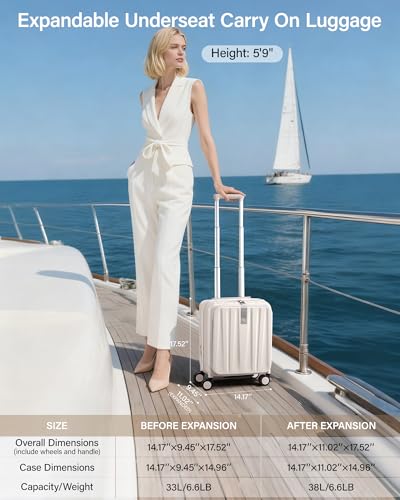 Image of Hanke 45cm Expandable Mini Cabin Trolley Bags, Hard Shell Polycarbonate Top Opening Suitcase, 8 Silent Spinner Wheels, Lightweight Carry On Luggage for Daily Commute & Short Travel,Ivory White