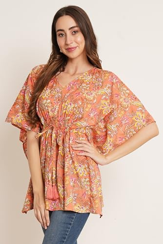 Image of COTLAND Fashions Jaipuri Cotton Kimono Sleeves Printed Longline Kaftan Top for Women