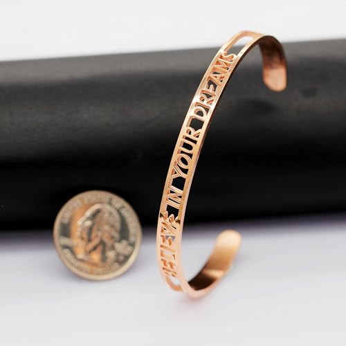 Image of Uloveido Fashion Cuff Encouragement Bracelets for Women with Quote Believe In Your Dreams Hollow Bangle Cuff Bracelet Rose Gold Plated for Women Encouragement Gifts Y467
