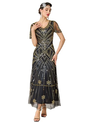 MTITE Women's Flapper Dress 1920s V-Neck Evening Gown Sequin Beaded Maxi Dress for Wedding (US, Alpha, X-Large, Regular, Regular, Black Gold)