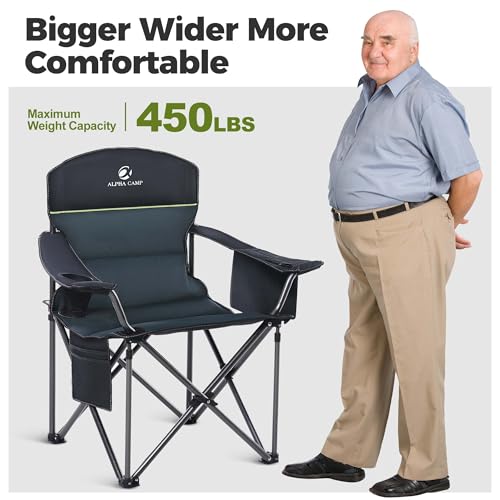 Image of ALPHA CAMP Heavy Duty Camping Chair 500LBS Capacity, Oversized Folding Chair for Heavy People, Padded Portable Outdoor Chair with Cooler Bag & Cup Holder for Camping, Fishing, Beach