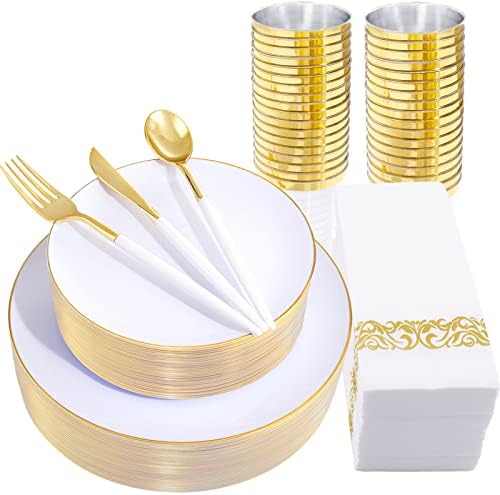 Nervure 350PCS White and Gold Plastic Plates & Gold Plastic Silverware with White Handle-50 Guest Gold Disposable Plates-150 Gold Plastic Cutlery-50 Cups and 50 Napkins for Wedding & Party