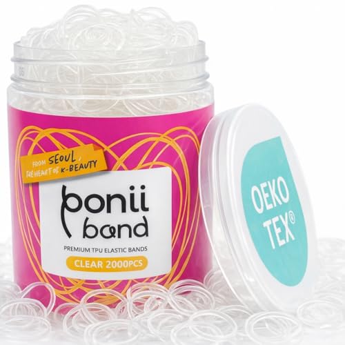 [Made in Korea] PONIIBAND Non-Toxic & Safe 2000pcs 0.8-Inch Clear Elastic Hair Bands - Ouchless Mini Small Rubber Bands for Kids Girls Hair Ties Oeko-Tex Certified Snag Free TPU Ponytail Holders
