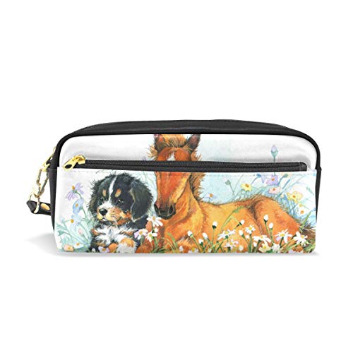 Trousse à crayons Rootti avec fermeture éclair - Motif chien et cheval - Pour étudiants - Pour fournitures de bureau, maquillage, maquillage - Pour homme et femme