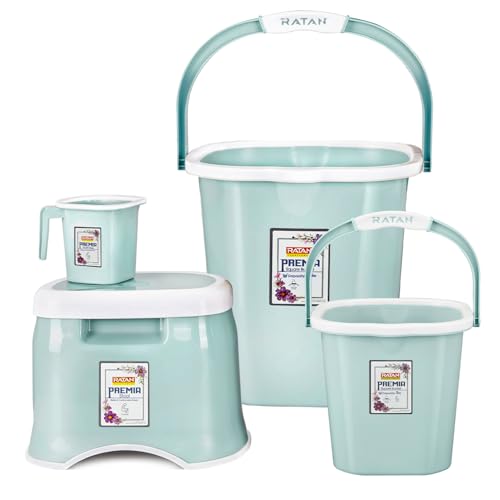 Image of RATAN PLASTICWARE Premia Bathroom Set (Bucket 5L X 1) + (Bucket 25L X 1) + (Mug 1.5L X 1) + (Small Stool X 1) - Mint|Easy to Carry | Perfect for Use in Bathrooms, Kitchen & Wet Utility Areas