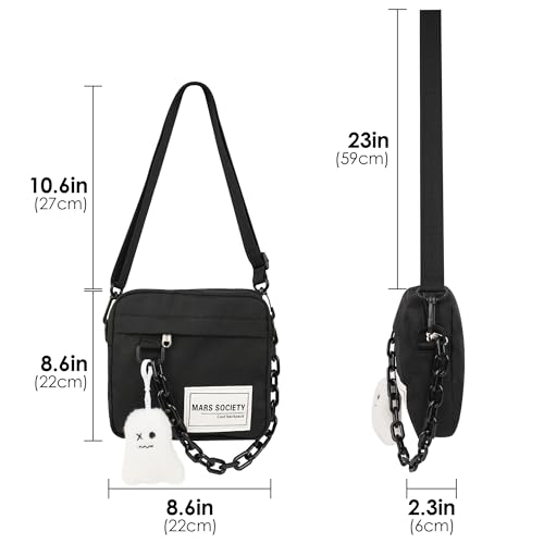 Small Crossbody Messenger Bag for Women Men, Cute Nylon Shoulder Purse Bag with Detachable Ghost Pendant, Black2