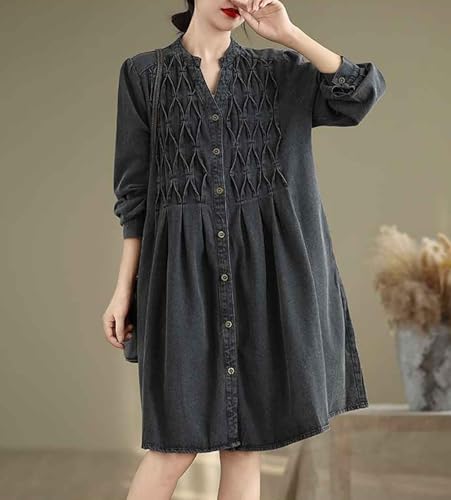 Women's Casual Denim Shirt Dress Single Breasted V Neck Mid-Length Jean Trench Coat with Pockets2