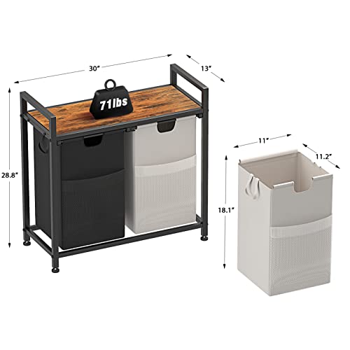 Aowos Laundry Basket, 112L Large Double Laundry Hamper, Freestanding Laundry Sorter Organizer 2 Section With Top Shelf & 2 Removable Washable Bags & Side Pockets For Dorm, Rustic Brown And Black #TOP4